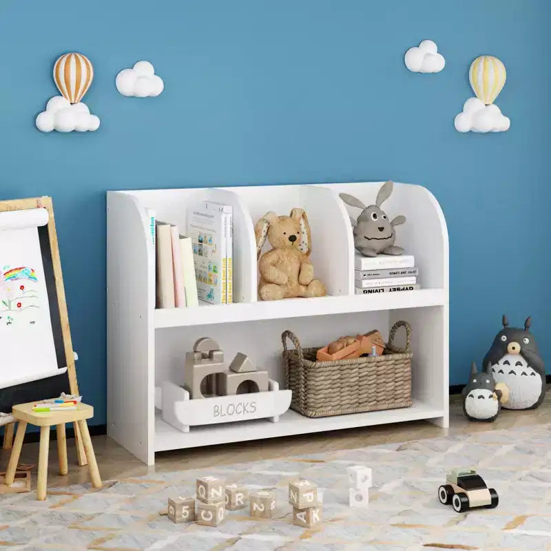 VIYET 24 Libreria per Bambini a 4 Scomparti, Scaffale per Esposizione e Contenimento in MDF Bianco (Organizzatore di Giocattoli Antiribaltamento per Sala Giochi/Nursery)