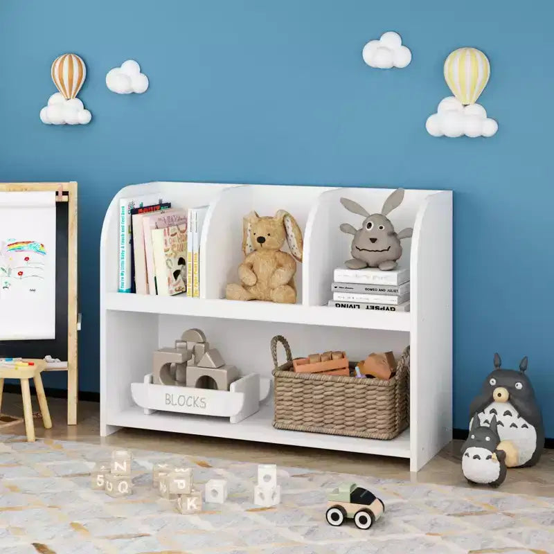 VIYET 24 Libreria per Bambini a 4 Scomparti, Scaffale per Esposizione e Contenimento in MDF Bianco (Organizzatore di Giocattoli Antiribaltamento per Sala Giochi/Nursery)