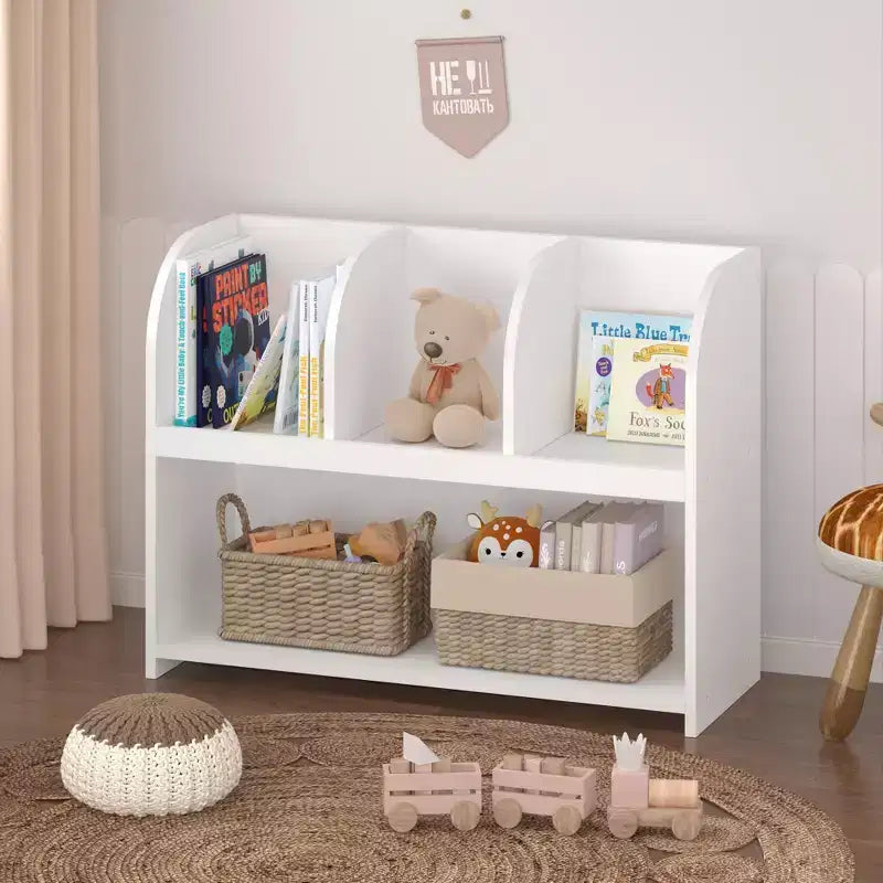 VIYET 24 Libreria per Bambini a 4 Scomparti, Scaffale per Esposizione e Contenimento in MDF Bianco (Organizzatore di Giocattoli Antiribaltamento per Sala Giochi/Nursery)