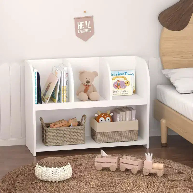 VIYET 24 Libreria per Bambini a 4 Scomparti, Scaffale per Esposizione e Contenimento in MDF Bianco (Organizzatore di Giocattoli Antiribaltamento per Sala Giochi/Nursery)
