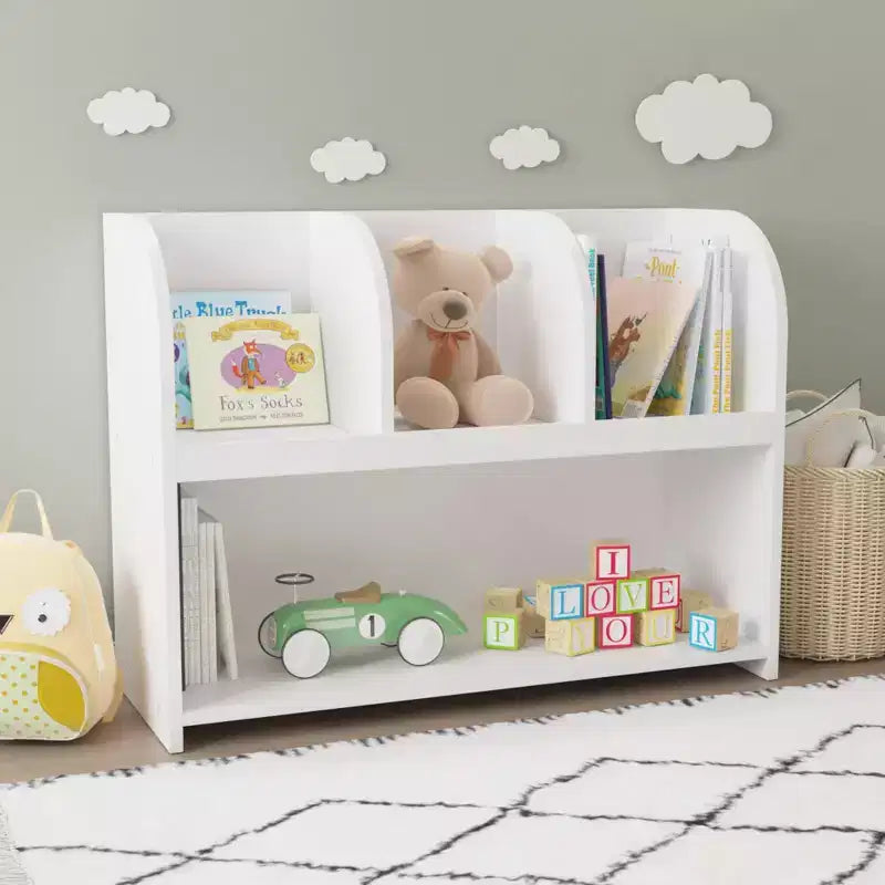 VIYET 24 Libreria per Bambini a 4 Scomparti, Scaffale per Esposizione e Contenimento in MDF Bianco (Organizzatore di Giocattoli Antiribaltamento per Sala Giochi/Nursery)