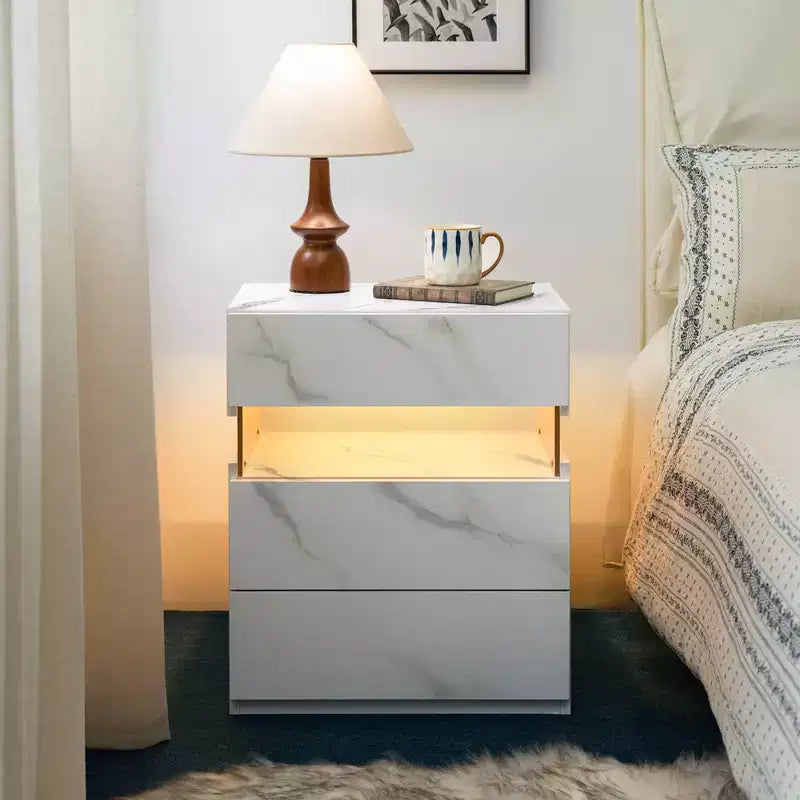 MAYEERTY Nightstand with 3 Drawer Dresser for Bedroom Bedside Table for Living Room White Stone