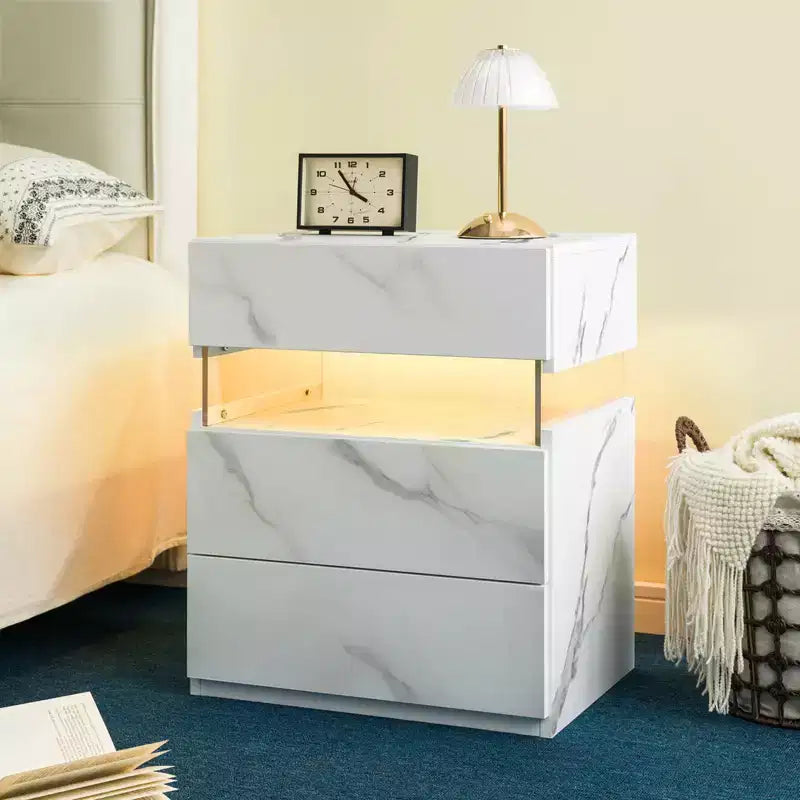MAYEERTY Comodino con Cassettiera a 3 Cassetti per Camera da Letto, Tavolino da Notte per Soggiorno, Pietra Bianca