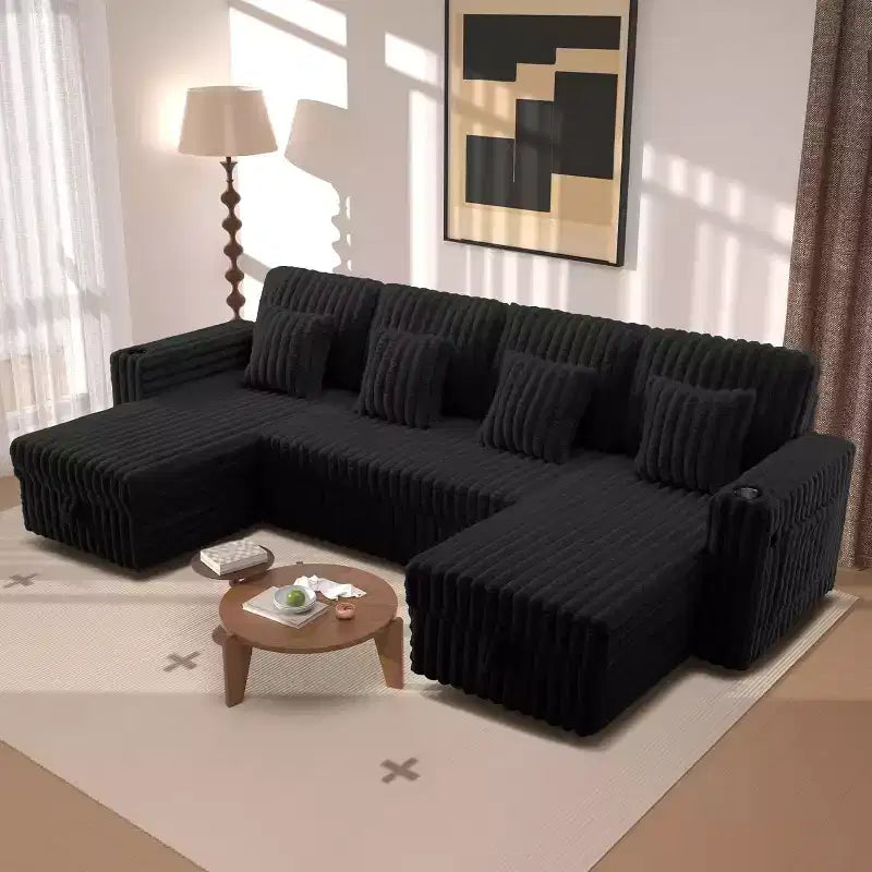 MooxvMoo 124 U-Shaped Sleeper Sofa with Storage,Oversized Convertible Couch Featuring Pull-Out Bed,Adjustable Backrest,USB Ports & Cup Holders,Black