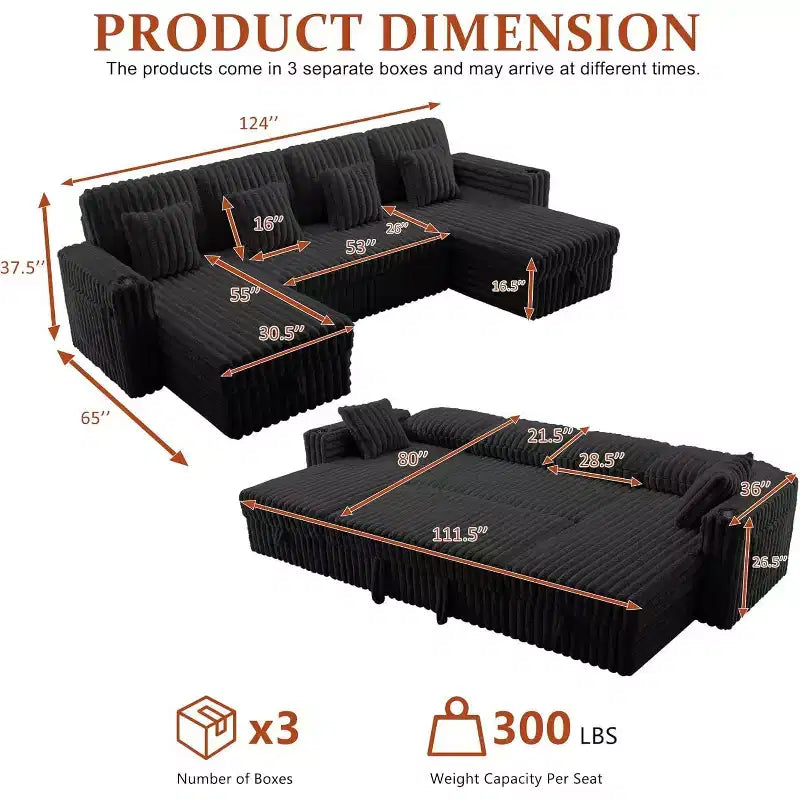 MooxvMoo 124 Canapé-lit d'angle en U avec rangement, canapé convertible surdimensionné avec lit gigogne, dossier réglable, ports USB et porte-gobelets, noir