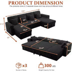 MooxvMoo 124 Canapé-lit d'angle en U avec rangement, canapé convertible surdimensionné avec lit gigogne, dossier réglable, ports USB et porte-gobelets, noir