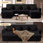 MooxvMoo 124 Canapé-lit d'angle en U avec rangement, canapé convertible surdimensionné avec lit gigogne, dossier réglable, ports USB et porte-gobelets, noir