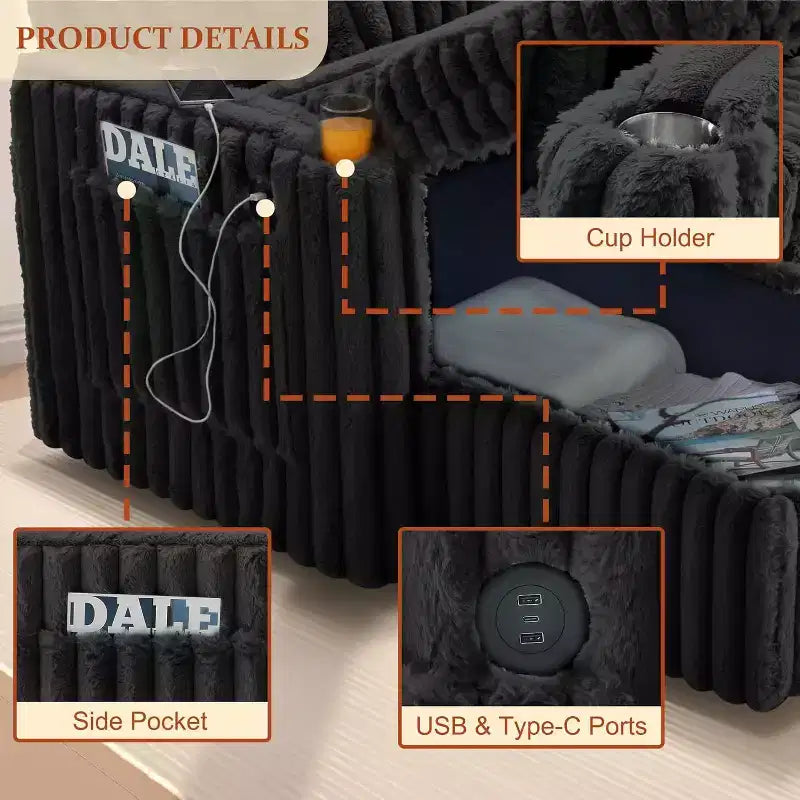 MooxvMoo 124 Canapé-lit d'angle en U avec rangement, canapé convertible surdimensionné avec lit gigogne, dossier réglable, ports USB et porte-gobelets, noir