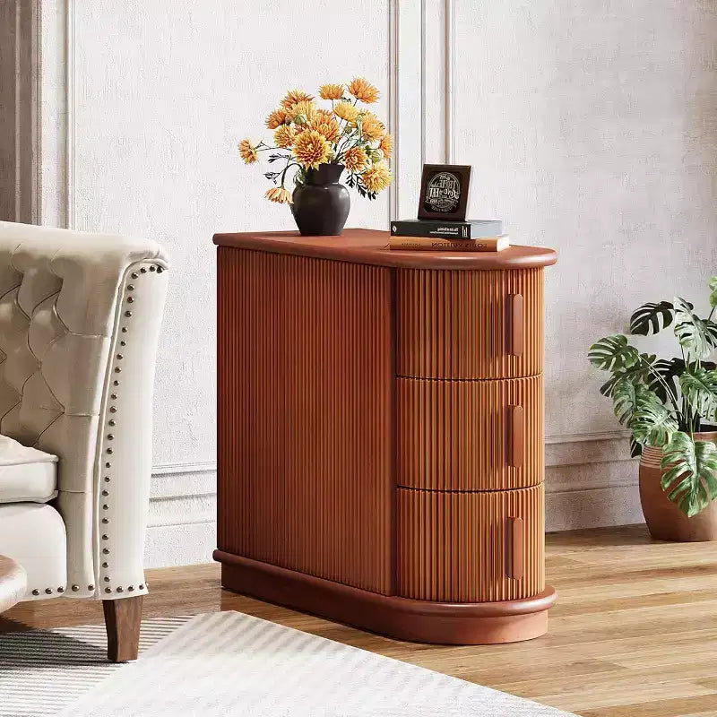 Tavolino da Divano a 3 Cassetti in Legno, Comodino Moderno e Slim per Soggiorno, Camera da Letto, Noce, Nessun Montaggio Richiesto
