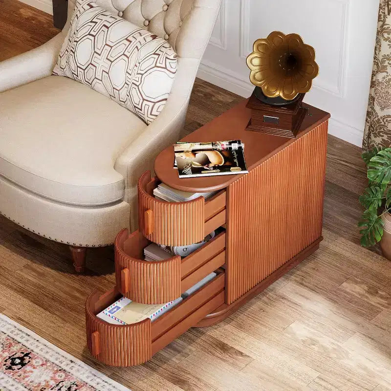 Tavolino da Divano a 3 Cassetti in Legno, Comodino Moderno e Slim per Soggiorno, Camera da Letto, Noce, Nessun Montaggio Richiesto
