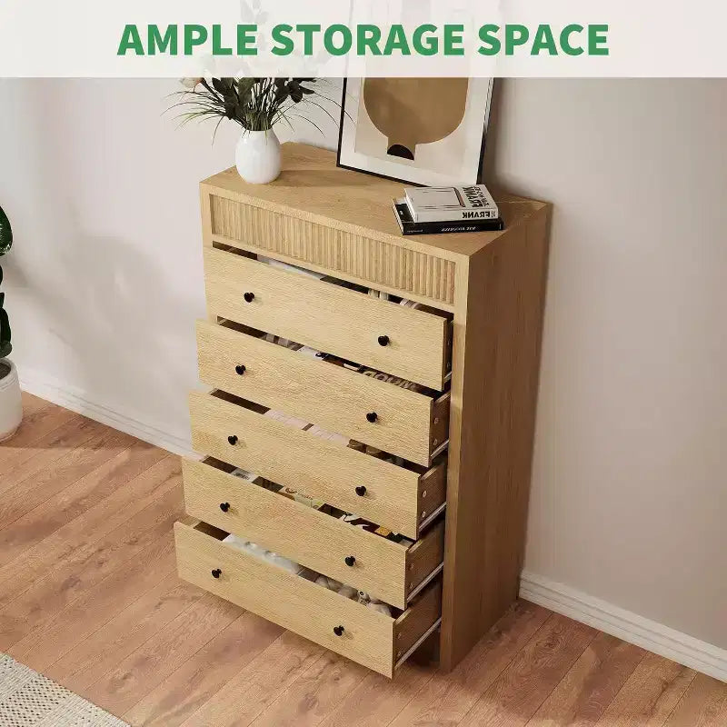 Cassettiera a 5 cassetti scanalati da 31,5" con sistema di sicurezza anti-ribaltamento - Contenitore in rovere naturale per camera da letto e soggiorno