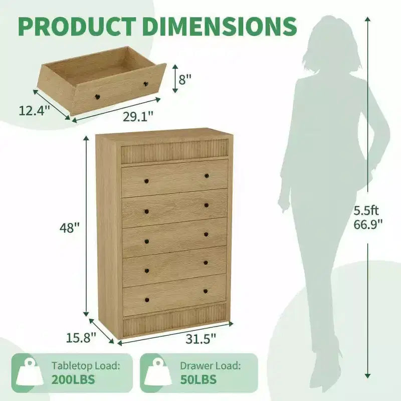 Cassettiera a 5 cassetti scanalati da 31,5" con sistema di sicurezza anti-ribaltamento - Contenitore in rovere naturale per camera da letto e soggiorno