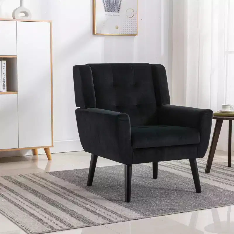 Poltrona d'accento in velluto con seduta ergonomica imbottita Schienale aderente Braccioli Gambe in legno massello nere 74,9W x 74,9D x 87,9H cm