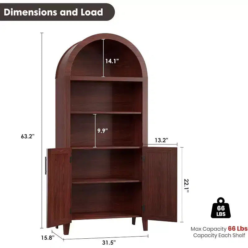 Mobile da cucina alto 63,2 pollici ad arco, Armadietto ad arco per dispensa da cucina, Scaffale aperto a 5 livelli con ripiano regolabile, Dispensa in legno, Libreria in stile rustico