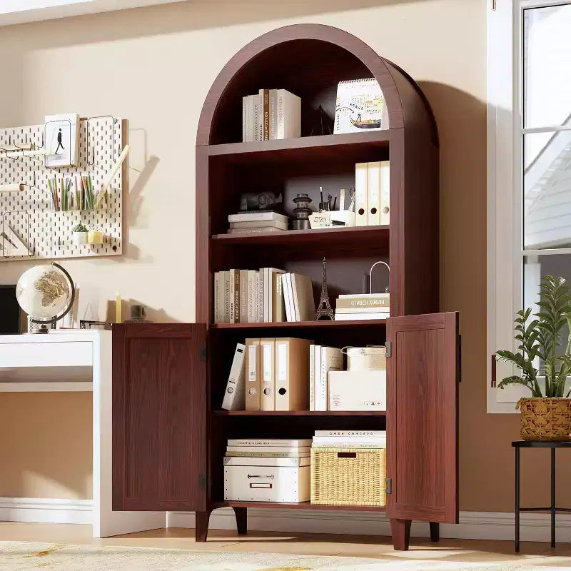Mobile da cucina alto 63,2 pollici ad arco, Armadietto ad arco per dispensa da cucina, Scaffale aperto a 5 livelli con ripiano regolabile, Dispensa in legno, Libreria in stile rustico