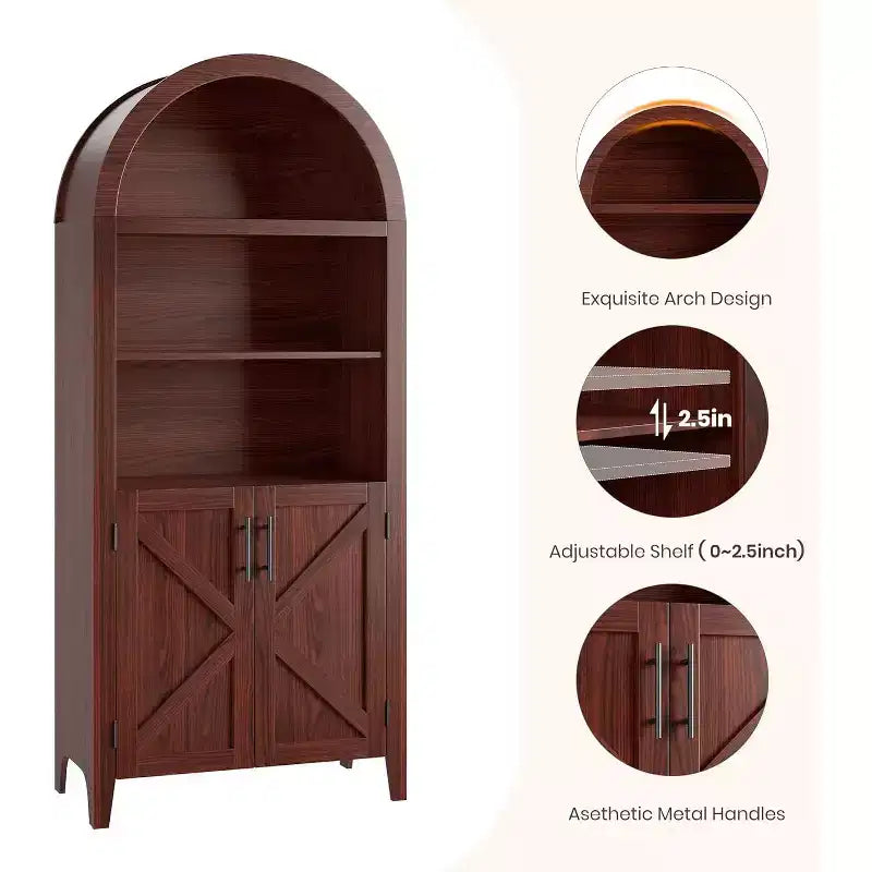 Mobile da cucina alto 63,2 pollici ad arco, Armadietto ad arco per dispensa da cucina, Scaffale aperto a 5 livelli con ripiano regolabile, Dispensa in legno, Libreria in stile rustico