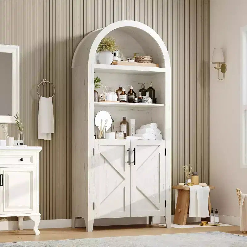Mobile da cucina alto 63,2 pollici ad arco, Armadietto ad arco per dispensa da cucina, Scaffale aperto a 5 livelli con ripiano regolabile, Dispensa in legno, Libreria in stile rustico