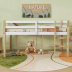 Twin Size Loft Bed with Ladder for Kids Teens, Wooden Loft Bed Frame with Strengthened Slats for Bedroom, Natural+White