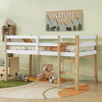 Letto a soppalco singolo con scaletta per bambini e ragazzi, struttura in legno con doghe rinforzate per camera da letto, naturale+bianco