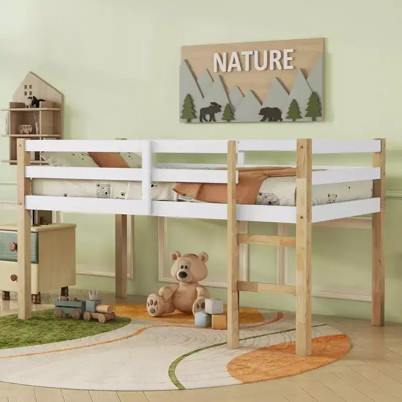 Letto a soppalco singolo con scaletta per bambini e ragazzi, struttura in legno con doghe rinforzate per camera da letto, naturale+bianco