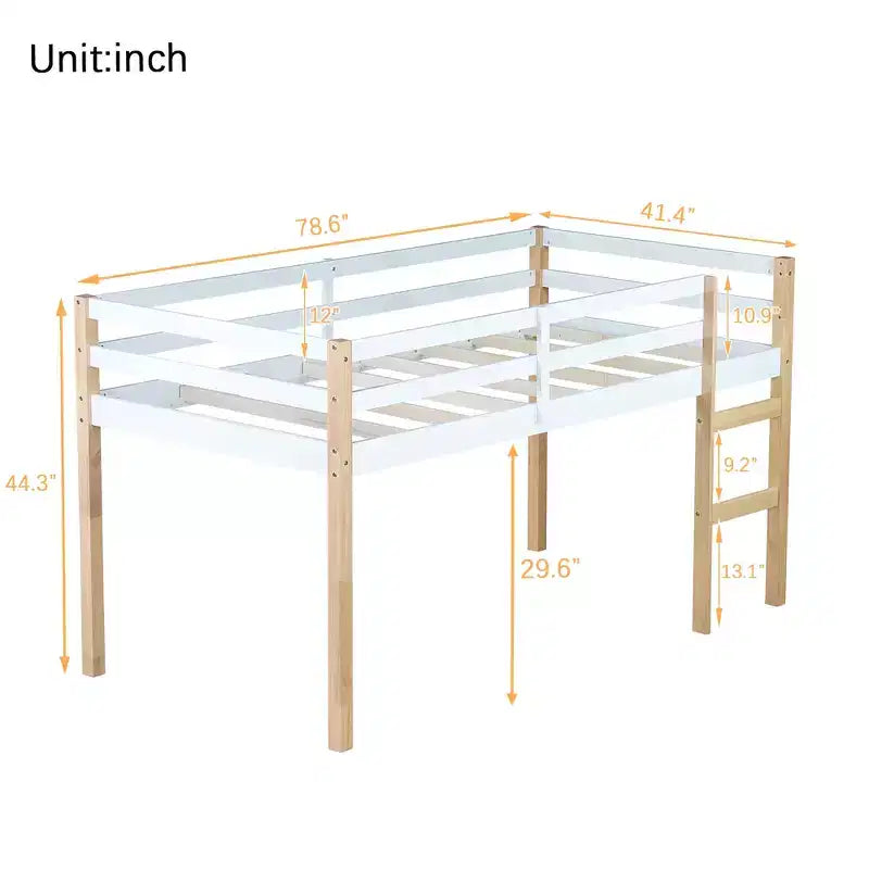 Letto a soppalco singolo con scaletta per bambini e ragazzi, struttura in legno con doghe rinforzate per camera da letto, naturale+bianco