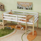 Letto a soppalco singolo con scaletta per bambini e ragazzi, struttura in legno con doghe rinforzate per camera da letto, naturale+bianco