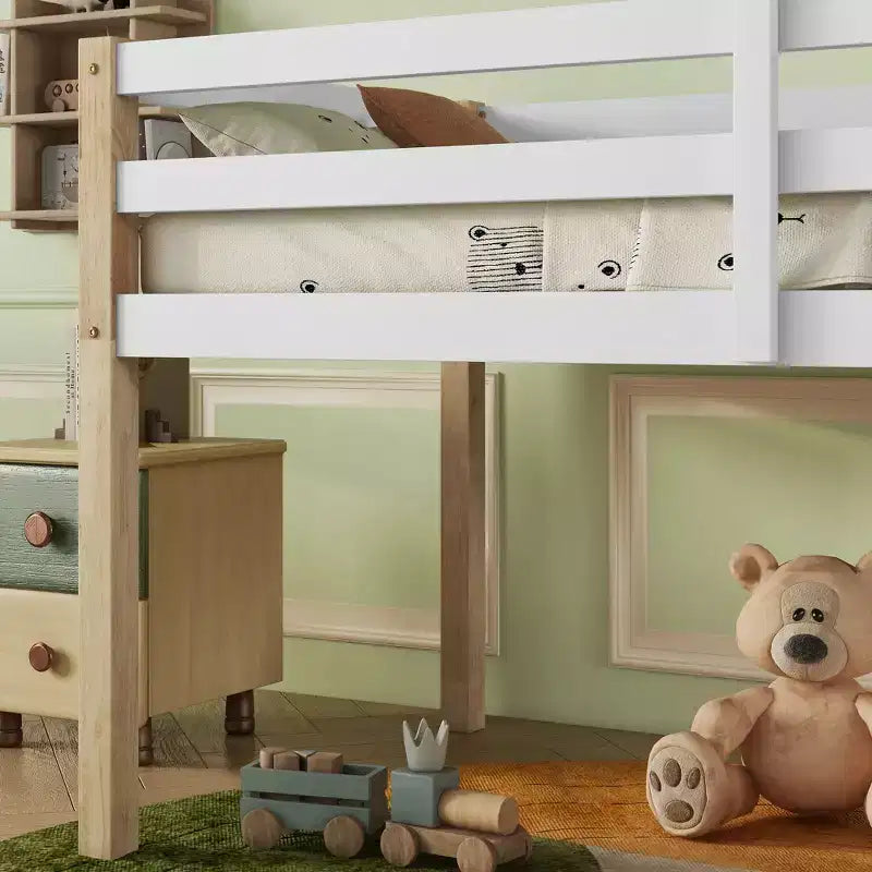 Letto a soppalco singolo con scaletta per bambini e ragazzi, struttura in legno con doghe rinforzate per camera da letto, naturale+bianco