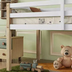 Letto a soppalco singolo con scaletta per bambini e ragazzi, struttura in legno con doghe rinforzate per camera da letto, naturale+bianco
