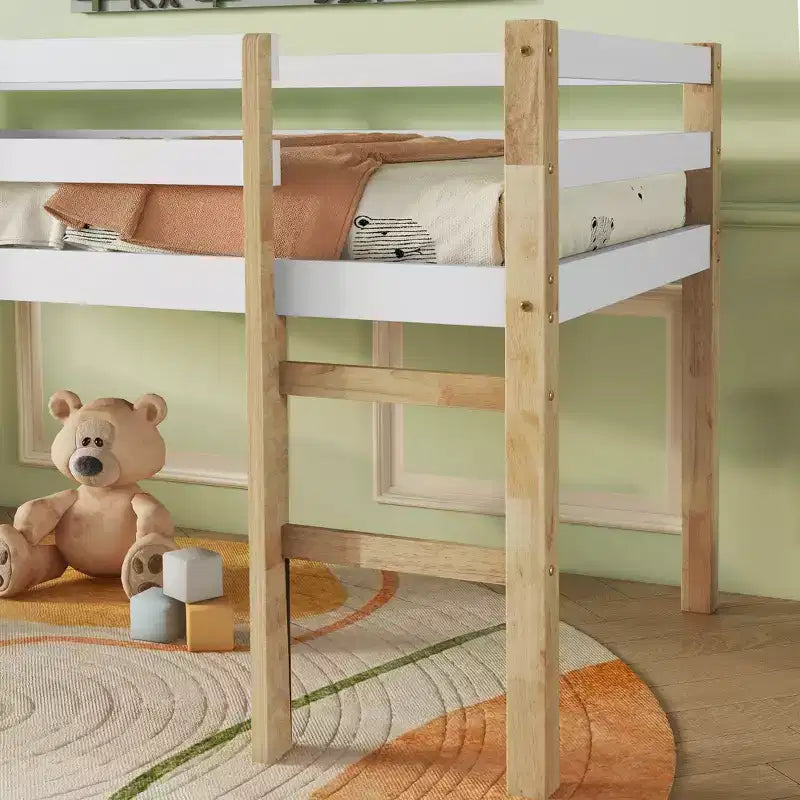 Letto a soppalco singolo con scaletta per bambini e ragazzi, struttura in legno con doghe rinforzate per camera da letto, naturale+bianco