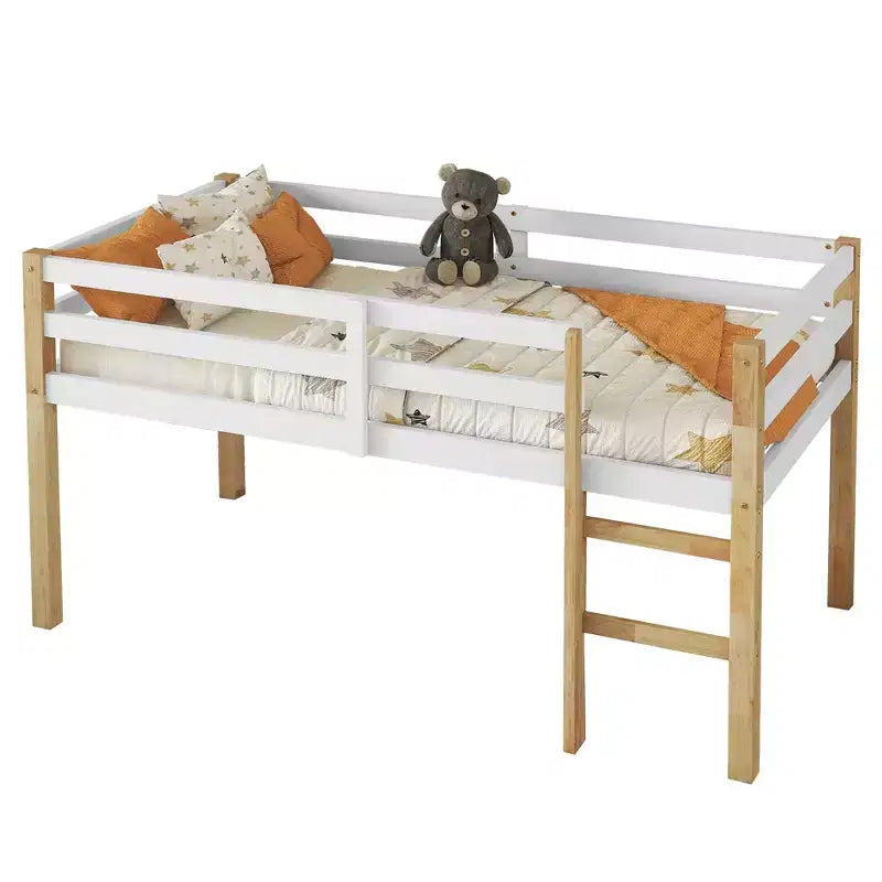 Letto a soppalco singolo con scaletta per bambini e ragazzi, struttura in legno con doghe rinforzate per camera da letto, naturale+bianco