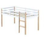 Letto a soppalco singolo con scaletta per bambini e ragazzi, struttura in legno con doghe rinforzate per camera da letto, naturale+bianco