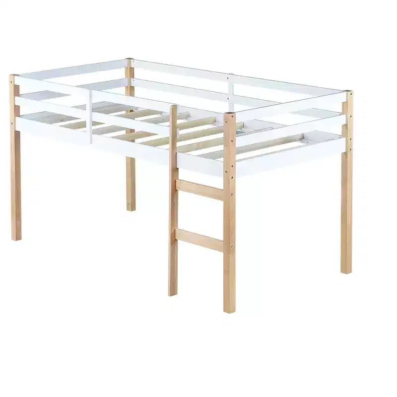 Letto a soppalco singolo con scaletta per bambini e ragazzi, struttura in legno con doghe rinforzate per camera da letto, naturale+bianco