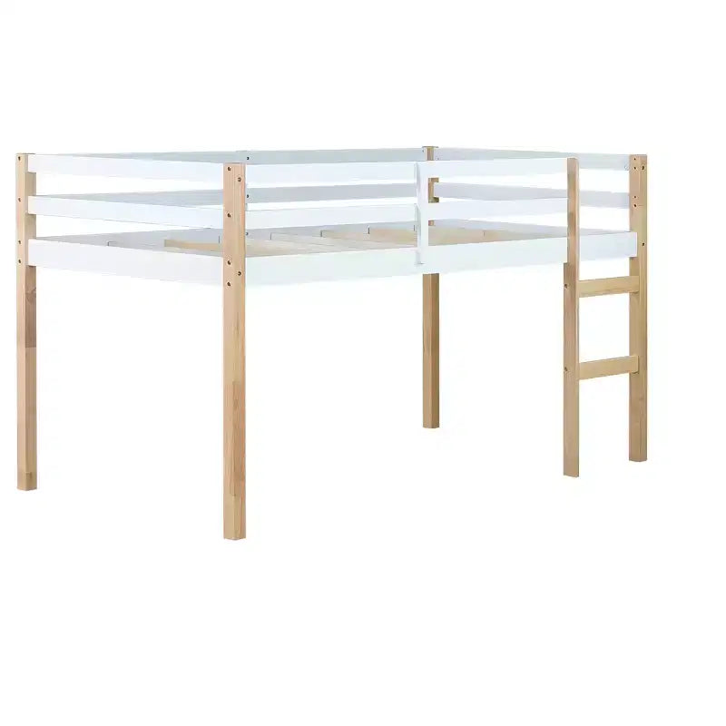Letto a soppalco singolo con scaletta per bambini e ragazzi, struttura in legno con doghe rinforzate per camera da letto, naturale+bianco