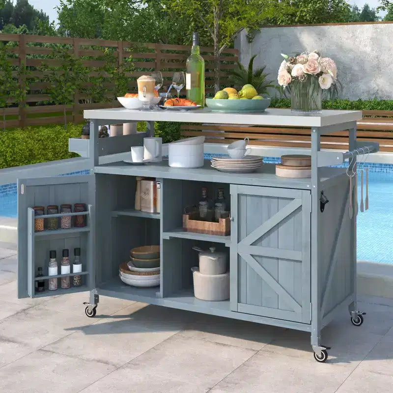 Isola da Cucina Mobile e Armadietto Contenitore per Esterni Stile Rustico Top in Acciaio Inossidabile Portaspezie Adatto per Cucine Grigio-Blu