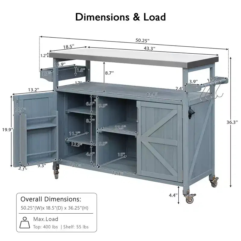 Isola da Cucina Mobile e Armadietto Contenitore per Esterni Stile Rustico Top in Acciaio Inossidabile Portaspezie Adatto per Cucine Grigio-Blu