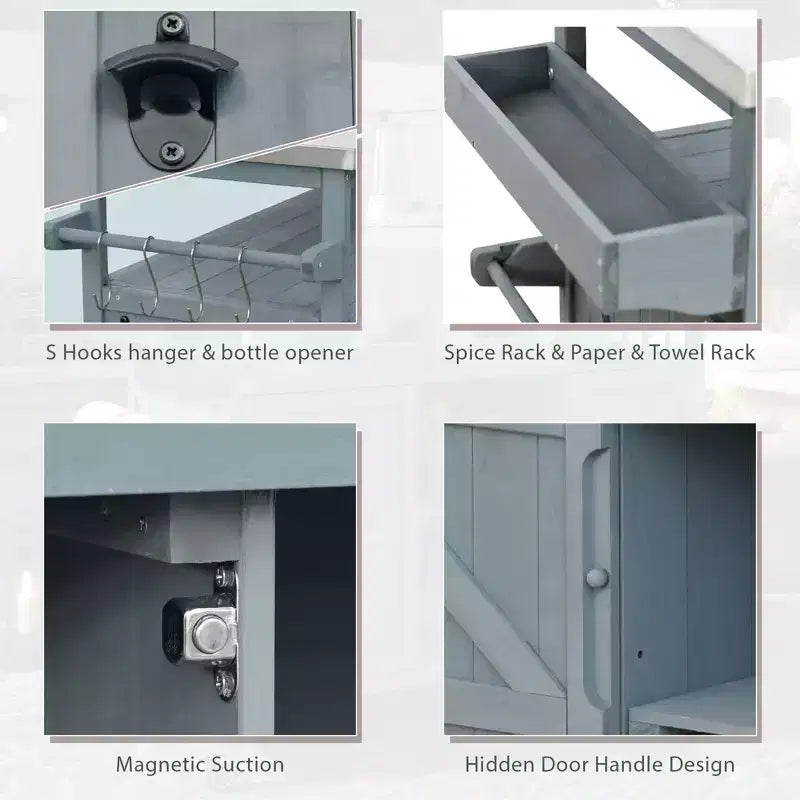 Isola da Cucina Mobile e Armadietto Contenitore per Esterni Stile Rustico Top in Acciaio Inossidabile Portaspezie Adatto per Cucine Grigio-Blu
