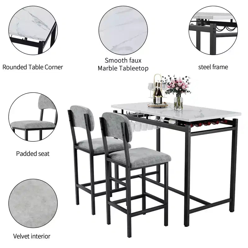Set da pranzo 3 pezzi con 2 sedie imbottite per cucina o piccolo appartamento