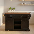 sumyeg 54.9 Kitchen Island with Drop Leaf, Power Outlet, Storage Cart with Glass & Barn Doors, 4 Shelves&Wheels (No Stools)