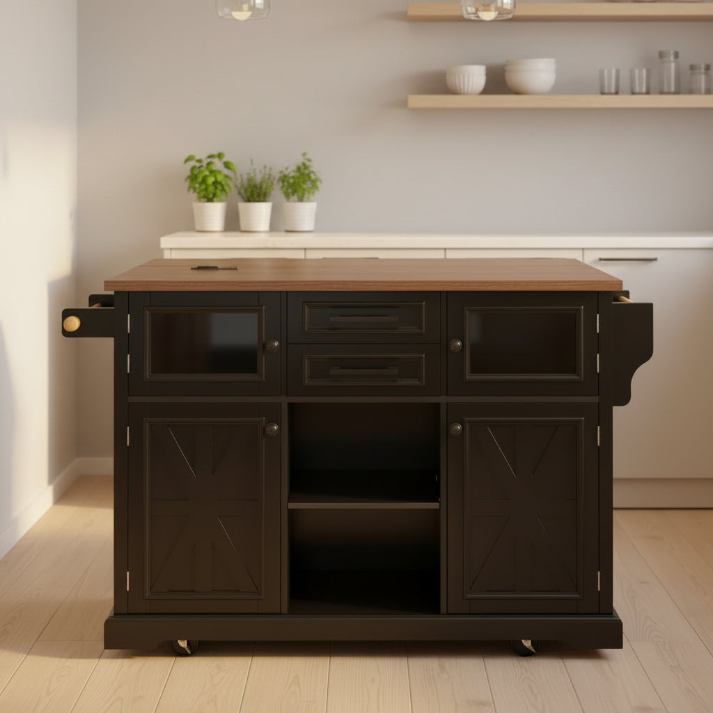 sumyeg 54.9 Kitchen Island with Drop Leaf, Power Outlet, Storage Cart with Glass & Barn Doors, 4 Shelves&Wheels (No Stools)