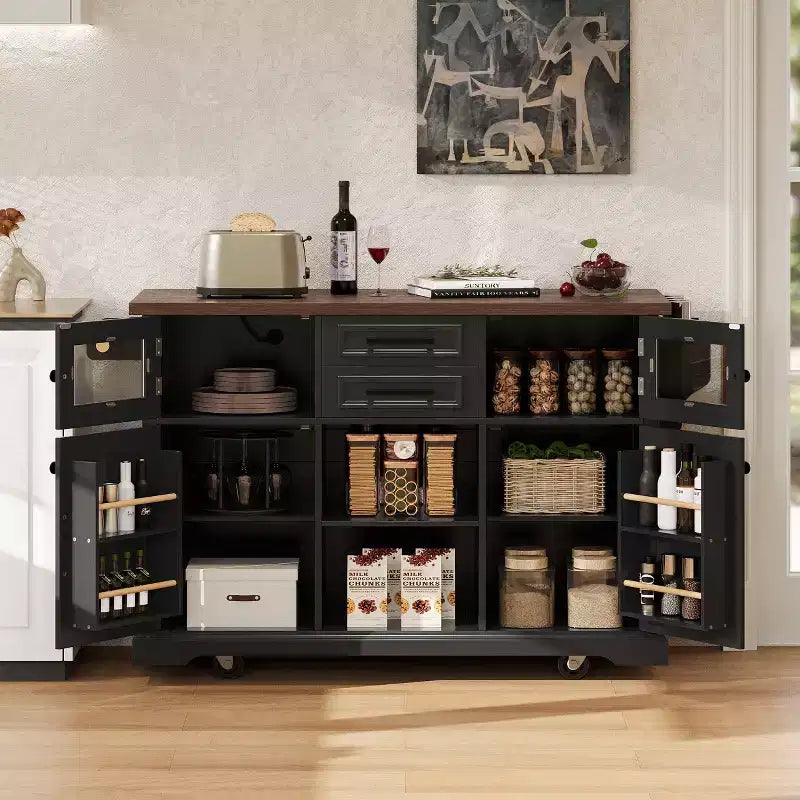 Isola per Cucina da 54,9" con Anta a Ribalta, Presa di Corrente, Carrello Contenitore con Ante in Vetro e Stile Rustico, 4 Ripiani e Ruote (Senza Sgabelli)