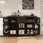 Isola per Cucina da 54,9" con Anta a Ribalta, Presa di Corrente, Carrello Contenitore con Ante in Vetro e Stile Rustico, 4 Ripiani e Ruote (Senza Sgabelli)