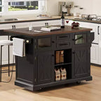 Isola per Cucina da 54,9" con Anta a Ribalta, Presa di Corrente, Carrello Contenitore con Ante in Vetro e Stile Rustico, 4 Ripiani e Ruote (Senza Sgabelli)