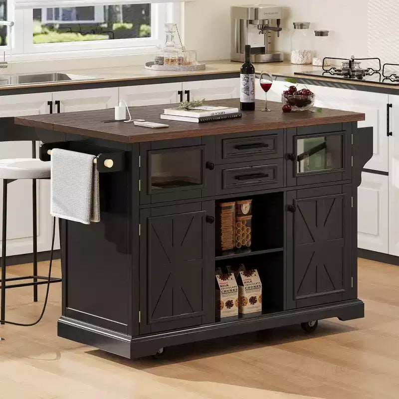 Isola per Cucina da 54,9" con Anta a Ribalta, Presa di Corrente, Carrello Contenitore con Ante in Vetro e Stile Rustico, 4 Ripiani e Ruote (Senza Sgabelli)