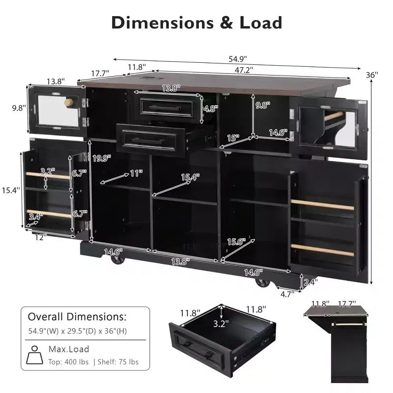 Isola per Cucina da 54,9" con Anta a Ribalta, Presa di Corrente, Carrello Contenitore con Ante in Vetro e Stile Rustico, 4 Ripiani e Ruote (Senza Sgabelli)
