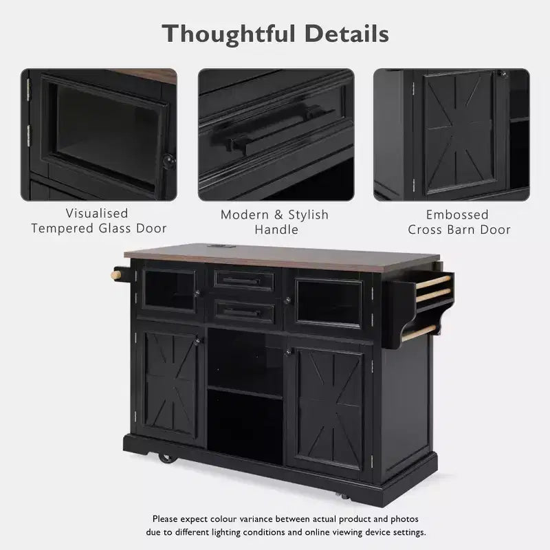 Isola per Cucina da 54,9" con Anta a Ribalta, Presa di Corrente, Carrello Contenitore con Ante in Vetro e Stile Rustico, 4 Ripiani e Ruote (Senza Sgabelli)