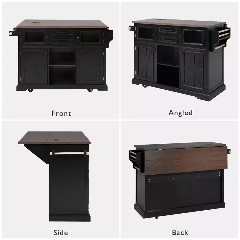 Isola per Cucina da 54,9" con Anta a Ribalta, Presa di Corrente, Carrello Contenitore con Ante in Vetro e Stile Rustico, 4 Ripiani e Ruote (Senza Sgabelli)