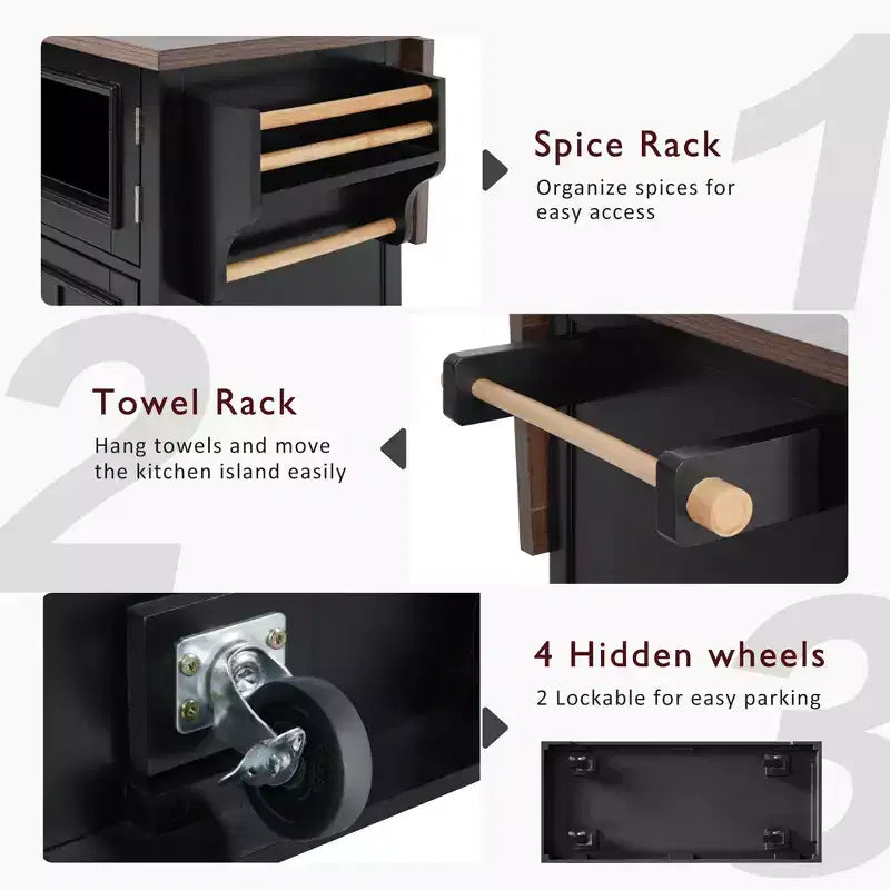 Isola per Cucina da 54,9" con Anta a Ribalta, Presa di Corrente, Carrello Contenitore con Ante in Vetro e Stile Rustico, 4 Ripiani e Ruote (Senza Sgabelli)