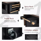 Isola per Cucina da 54,9" con Anta a Ribalta, Presa di Corrente, Carrello Contenitore con Ante in Vetro e Stile Rustico, 4 Ripiani e Ruote (Senza Sgabelli)