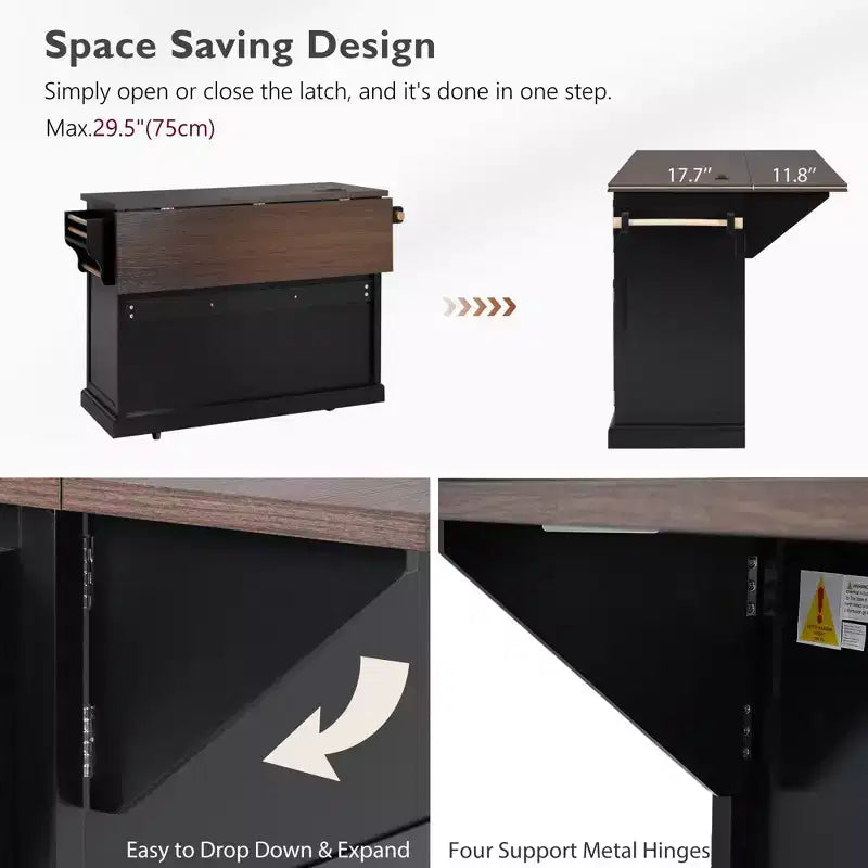 Isola per Cucina da 54,9" con Anta a Ribalta, Presa di Corrente, Carrello Contenitore con Ante in Vetro e Stile Rustico, 4 Ripiani e Ruote (Senza Sgabelli)