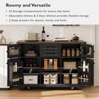 Isola per Cucina da 54,9" con Anta a Ribalta, Presa di Corrente, Carrello Contenitore con Ante in Vetro e Stile Rustico, 4 Ripiani e Ruote (Senza Sgabelli)